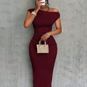 Textured Single Shoulder Maxi Dress | Sheath Formal Stretch Dress